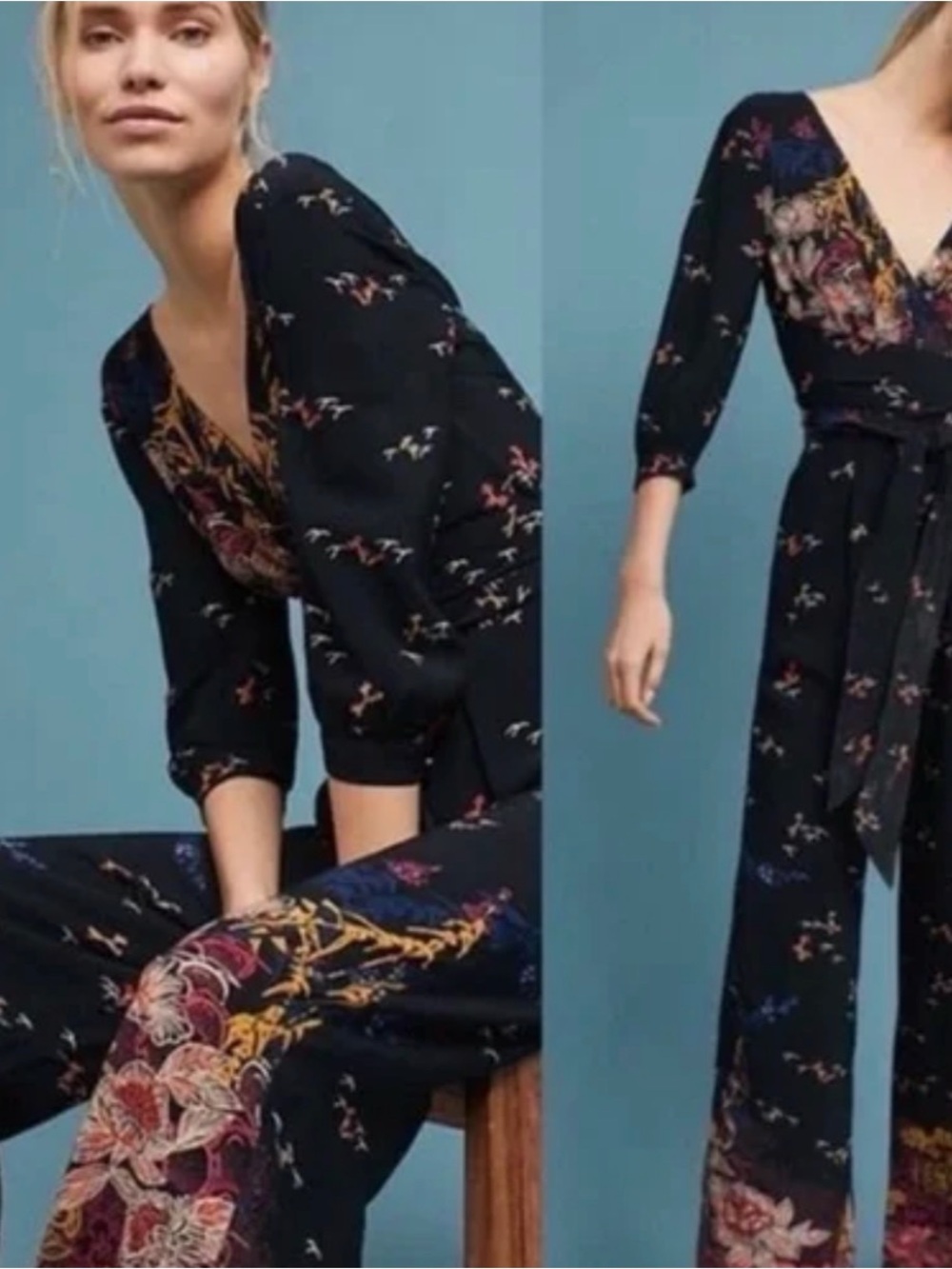 Anthropologie Nara feather bone black Floral Wide-Leg Jumpsuit 0/2 Perfect!